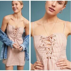 Faithfull the Brand Mama Mia Linen Stripe Mauve Pink & Pink Lace Up Mini Dress 4